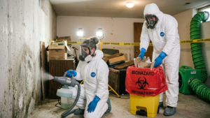 Biohazard cleanup professional wearing full PPE and respirator for safe scene remediation.