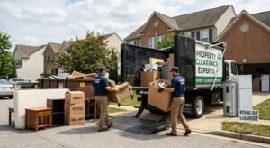 Professional junk removal company crew loading furniture and boxes into a commercial truck during an estate cleanout
